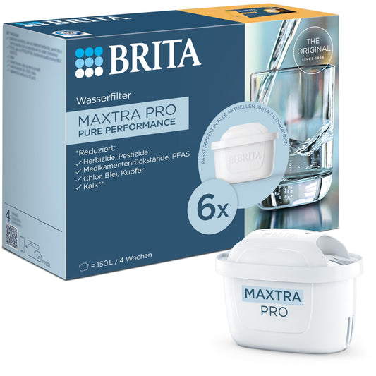 BRITA water filter cartridge MAXTRA PRO Pure Performance (All-In-1) 6-pack half-year pack - original replacement water filter for filter jugs: pure water taste - filters PFAS, chlorine, lime, metals - 122041