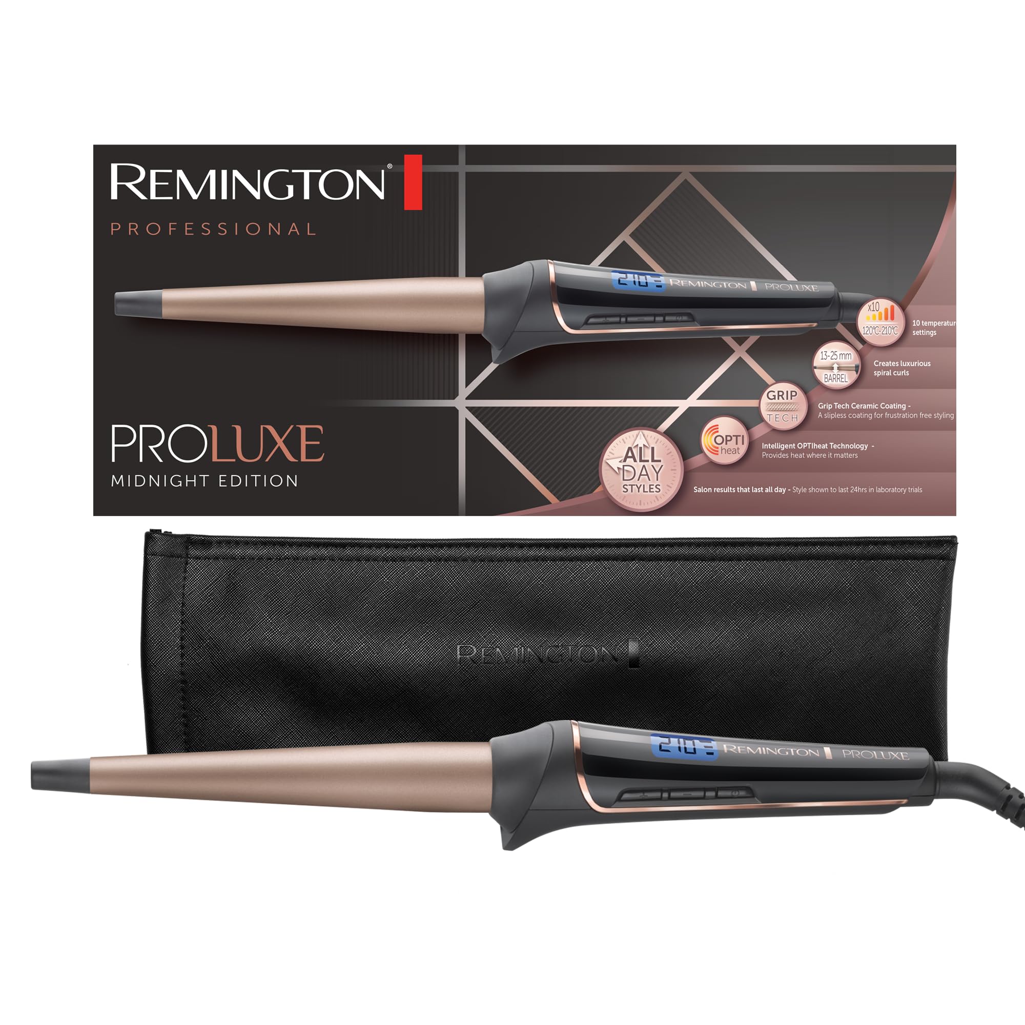 Remington curling iron large curls & natural waves [cone-shaped 25-38mm] PROluxe Midnight (OPTIheat technology, Pro+ setting for gentle styling, digital display, quick heating) CI91W1B
