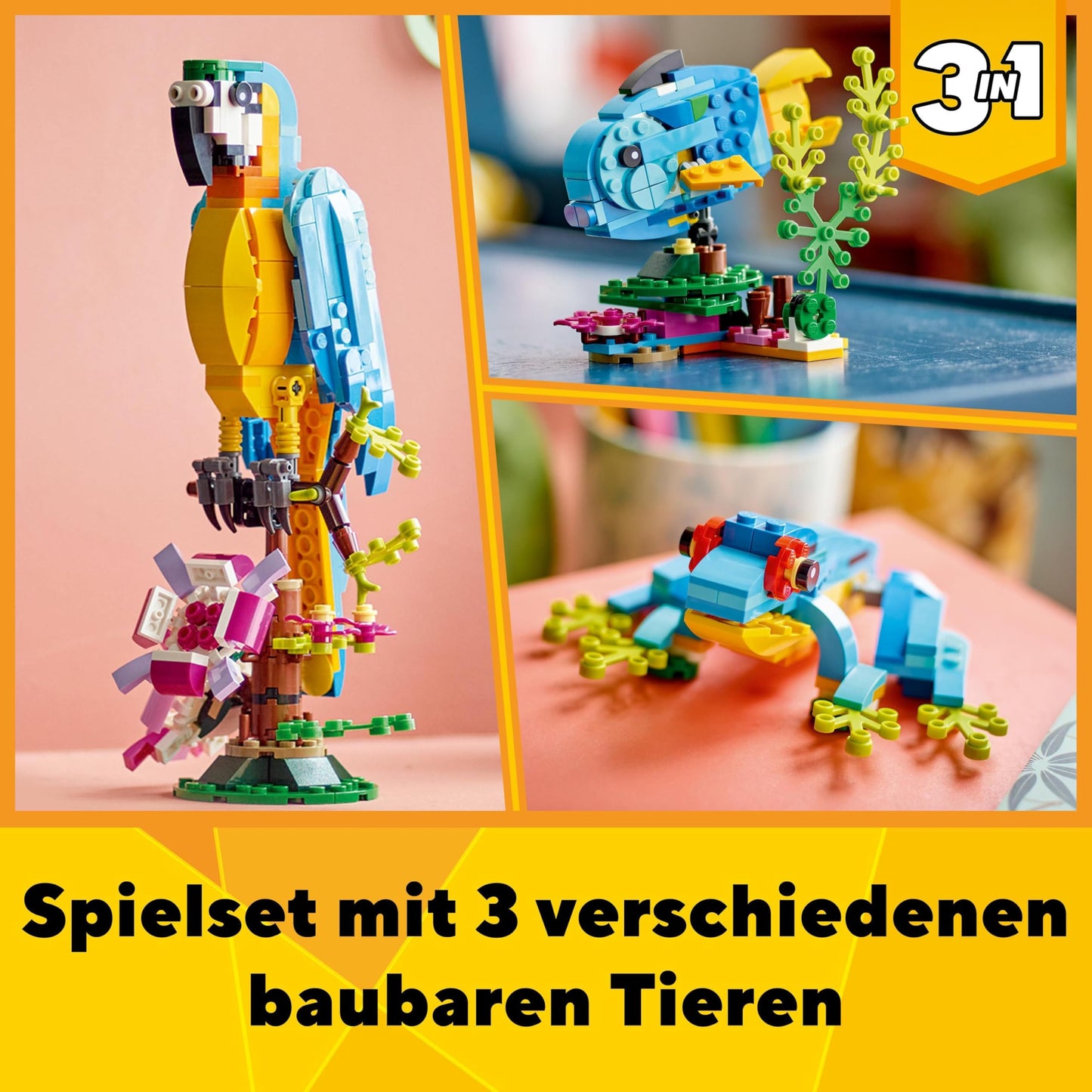 LEGO Creator 3in1 Exotic Parrot - Construction toy with THREE animal figures - Toy with parrot, fish and frog minifigures - Creative gift for girls and boys aged 7 and up 31136
