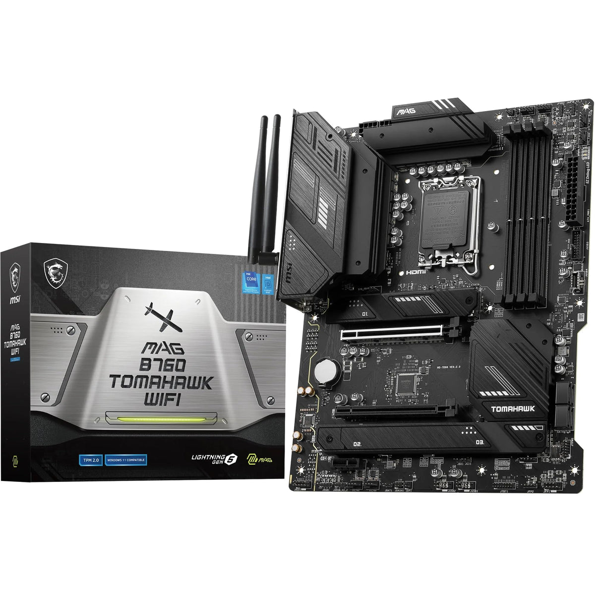 MSI MAG B760 Tomahawk WiFi Placă de bază, ATX - Suportă procesoare Intel Core din generațiile 12, 13 și 14, LGA 1700-75A DrMOS VRM, DDR5 Memory Boost 7000+MHz/OC, PCIe 5.0 x16, M.2 Gen4, Wi-Fi 6E - 7D96-003R