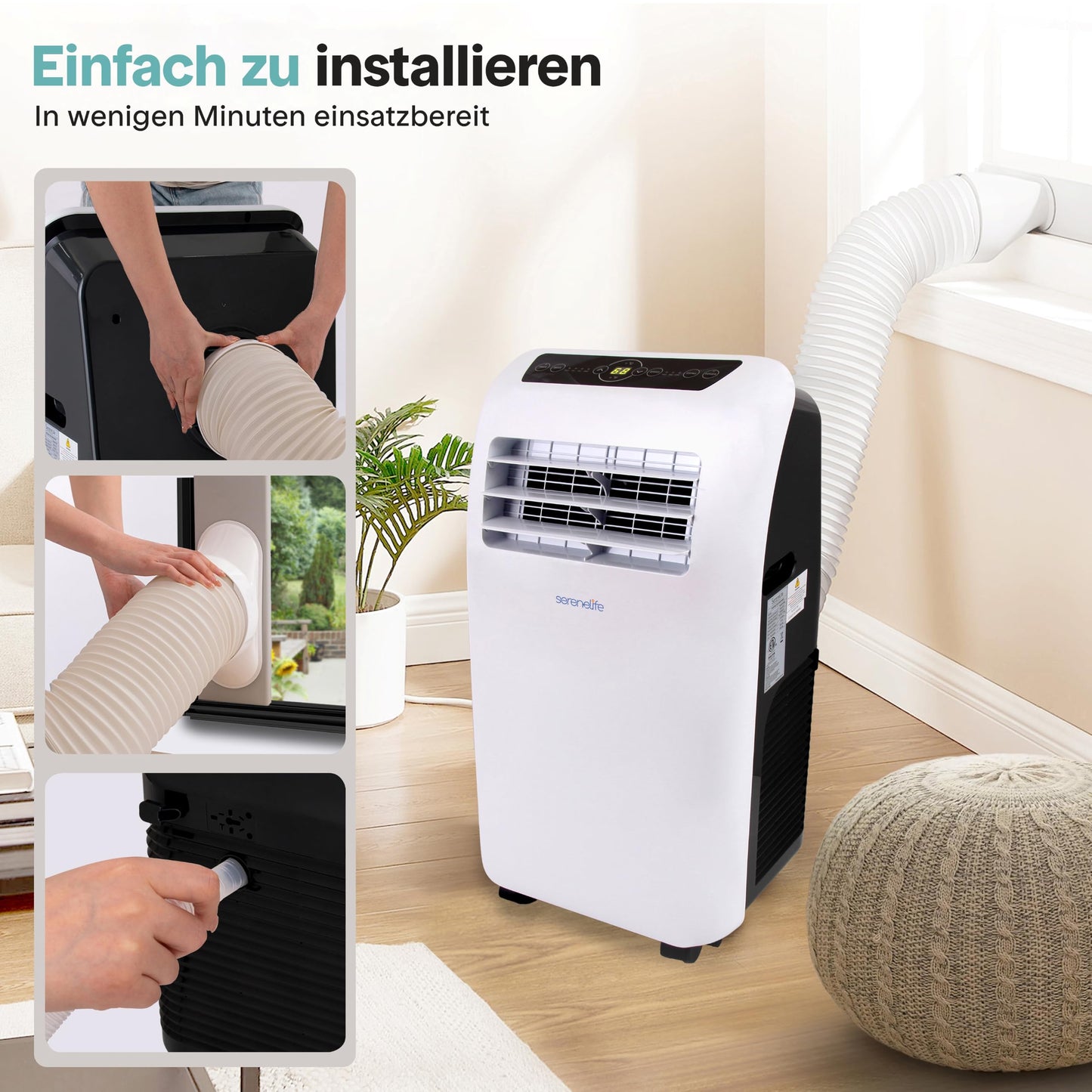 SereneLife Mobile Air Conditioner 4-in-1: Air Cooler, Fan, Dehumidifier + Heater - Portable Air Conditioner with Exhaust Hose, Remote Control & Kit for Rooms up to 42 m² - Window Mounting 9,000 BTU - SLACHT9EU