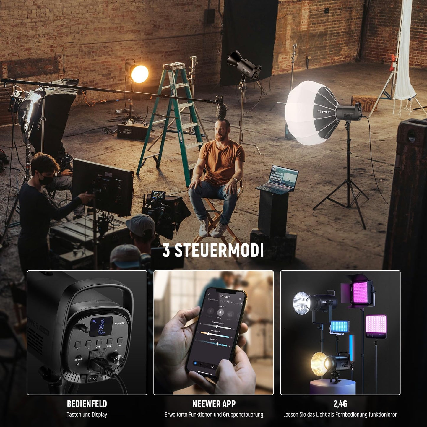 NEEWER CB120B 120W LED video light with 2.4G APP control, COB, two-tone, 2700K - 6500K, 78000 lux at 1m/CCT mode/CRI97/12 scenes/Bowens mount, continuous light for studio photography/video recordings - 10104632