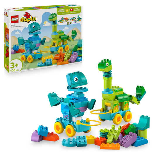 LEGO DUPLO Town Dinos on Wheels 3-in-1 Set - Toys for Girls & Boys Ages 3+ - Diplodocus and T. rex, Triceratops & Stegosaurus or Pteranodon & Parasaurolophus Dinosaur Figures - 10451