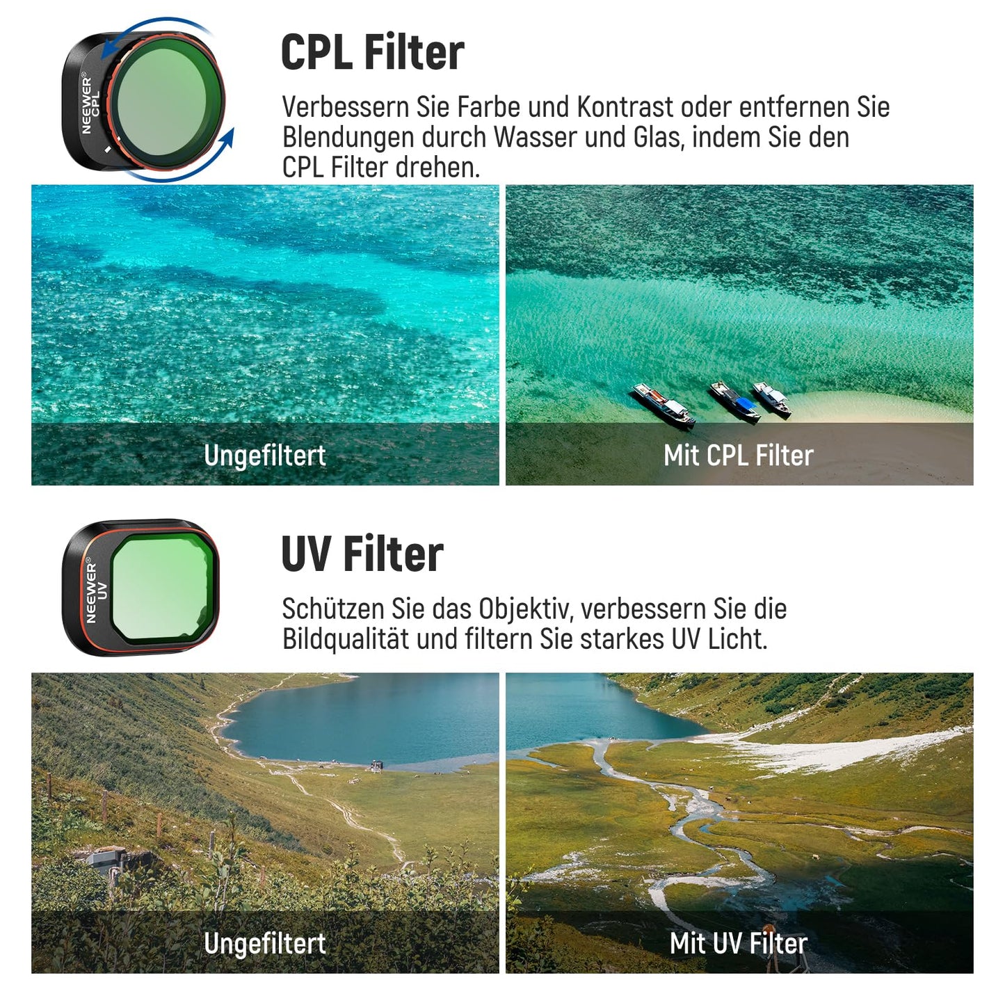 NEEWER ND/PL filter set compatible with DJI Mini 4 Pro, 6 pieces UV CPL ND8/PL ND16/PL ND32/PL ND64/PL polarizer neutral density drone lens accessories, multi-coated HD optical glass/aluminum frame - 10103132