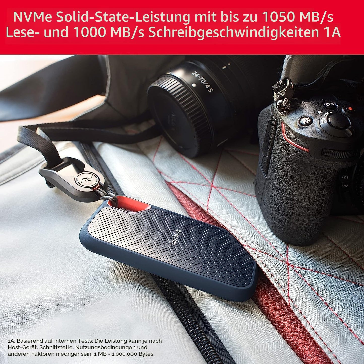 SANDISK Extreme Portable SSD 1TB (Portable NVMe SSD, USB-C, up to 1,050 MB/s Read, up to 1,000 MB/s Write, Water and Dust Resistant) Black - SDSSDE61-1T00-G25