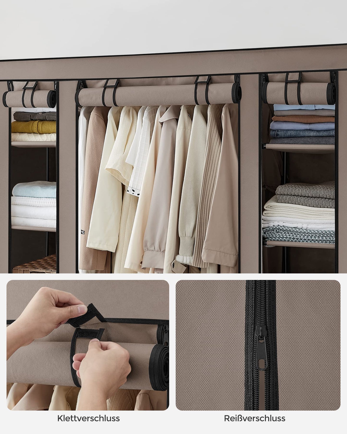 SONGMICS wardrobe, fabric wardrobe, with non-woven fabric cover, folding wardrobe with clothes rail, 45 x 150 x 175 cm, 12 shelves, metal frame, wardrobe for bedroom, taupe LSF003R02