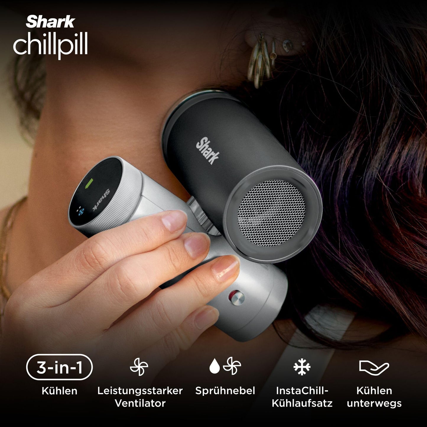 Shark ChillPill 3-in-1 High Speed Handheld Fan, Mist and InstaChill System, with 3 Cooling Attachments, Travel Friendly Design, Carbon Black FA022EU