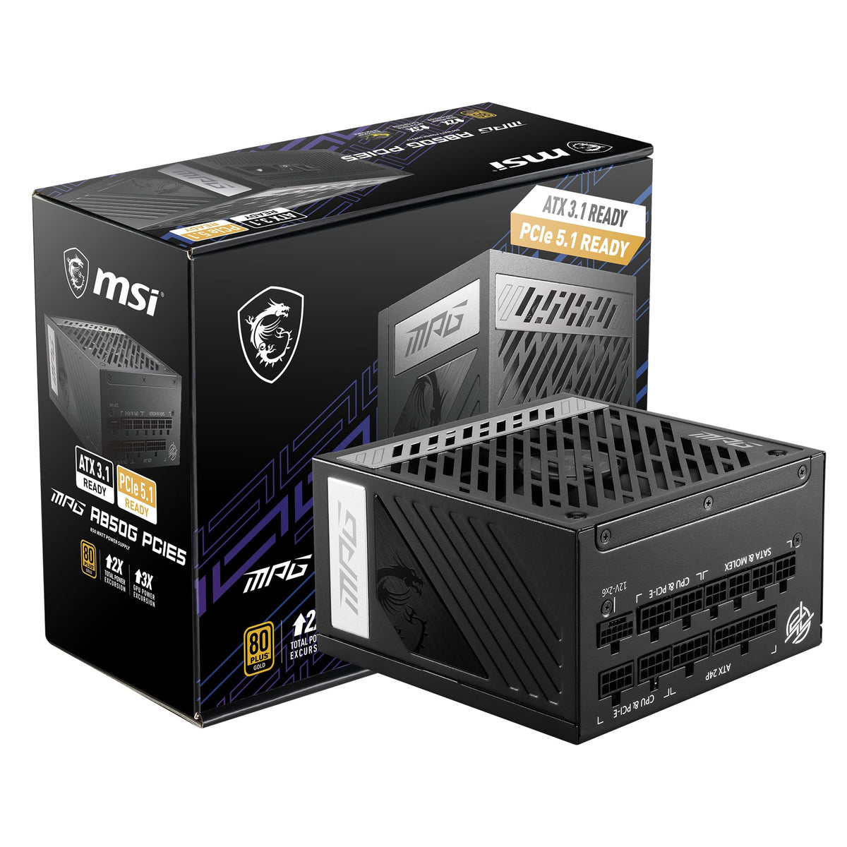 MSI MPG A850G PCIE5 Sursă de alimentare, conector EU - 850W, certificat 80 Plus Gold, complet modular ATX 3.0, suportă GPU PCIe 5.0, condensatori japonezi la 105°C, mod 0% RPM, cabluri plate