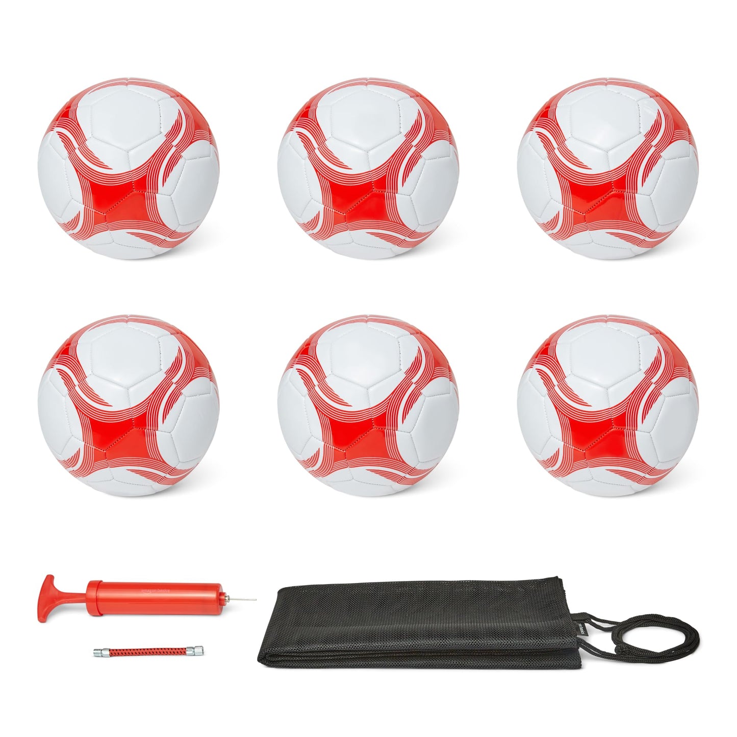 Amazon Basics 6 Pack Size 4 Footballs with Pump and Bag - Training Ball Set, PVC Construction, Butyl Bladder, Machine Stitched Practice Balls for Teams, Schools, Camps, White and Red - GYPSB-46