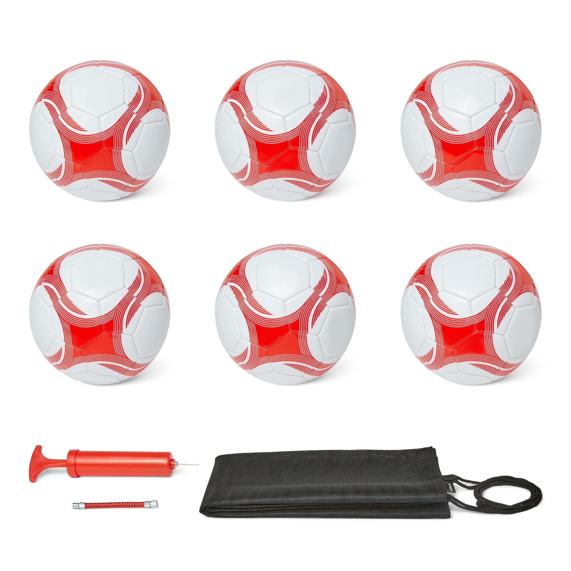 Amazon Basics 6 Pack Size 4 Footballs with Pump and Bag - Training Ball Set, PVC Construction, Butyl Bladder, Machine Stitched Practice Balls for Teams, Schools, Camps, White and Red - GYPSB-46