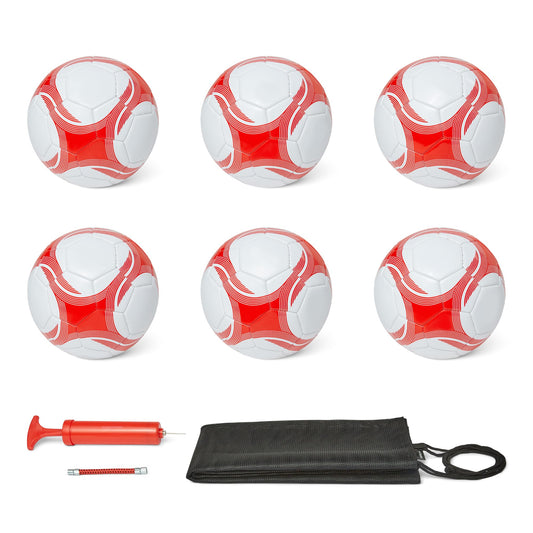 Amazon Basics 6 Pack Size 4 Footballs with Pump and Bag - Training Ball Set, PVC Construction, Butyl Bladder, Machine Stitched Practice Balls for Teams, Schools, Camps, White and Red - GYPSB-46
