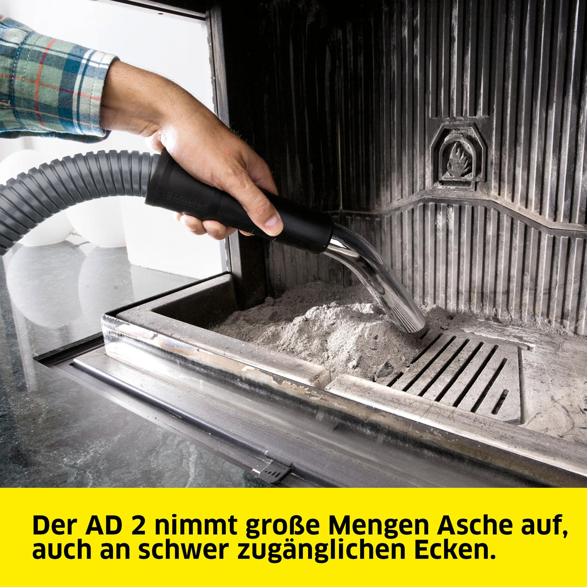 Kärcher Ash Vacuum AD 2, rated power consumption: 1000 W, metal container: 14 l, suction hose: 1.2 m, integrated filter cleaning, flat pleated filter, metal coarse dirt filter - 1.629-711.0