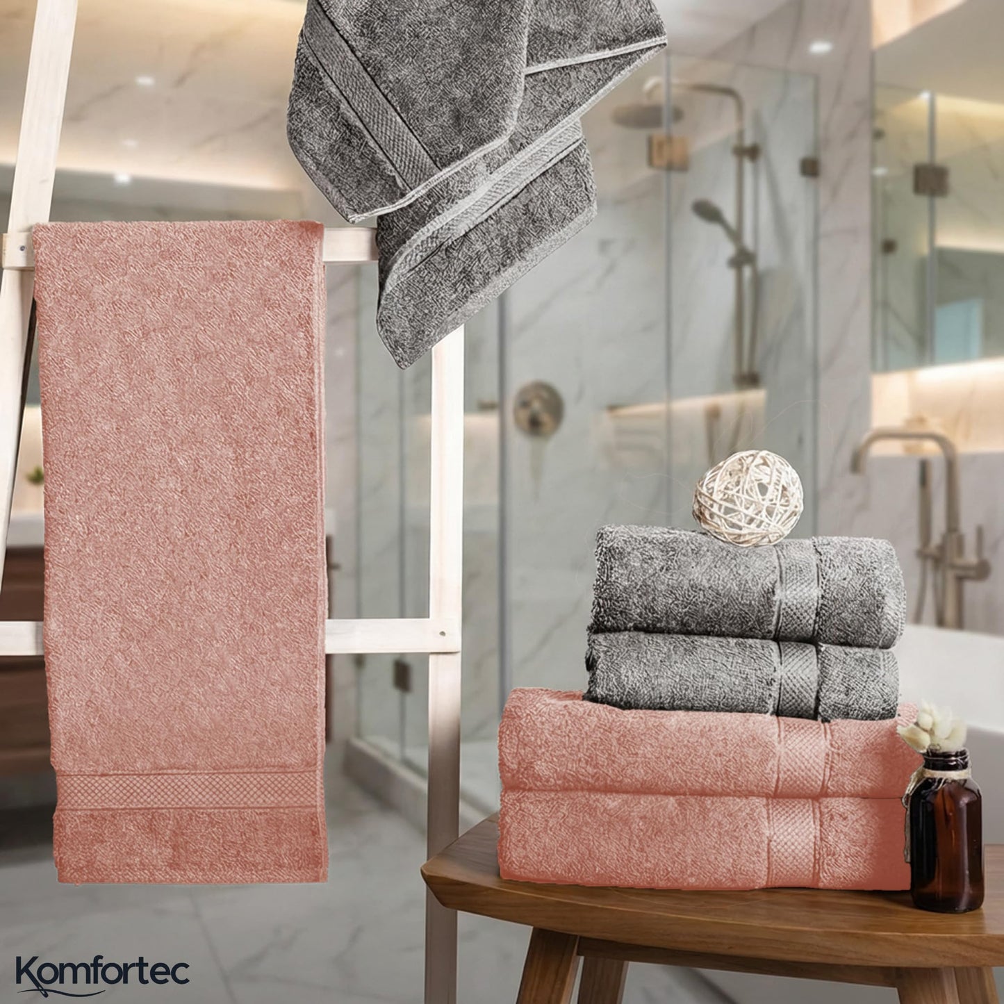 Komfortec set of 8 towels, 4 bath towels 70x140 cm & 4 hand towels 50x100 cm, 100% cotton terry cloth, fluffy and absorbent, anthracite gray/petal pink - 4er-50x100-und-4er-70x140-anthrazit-rosa