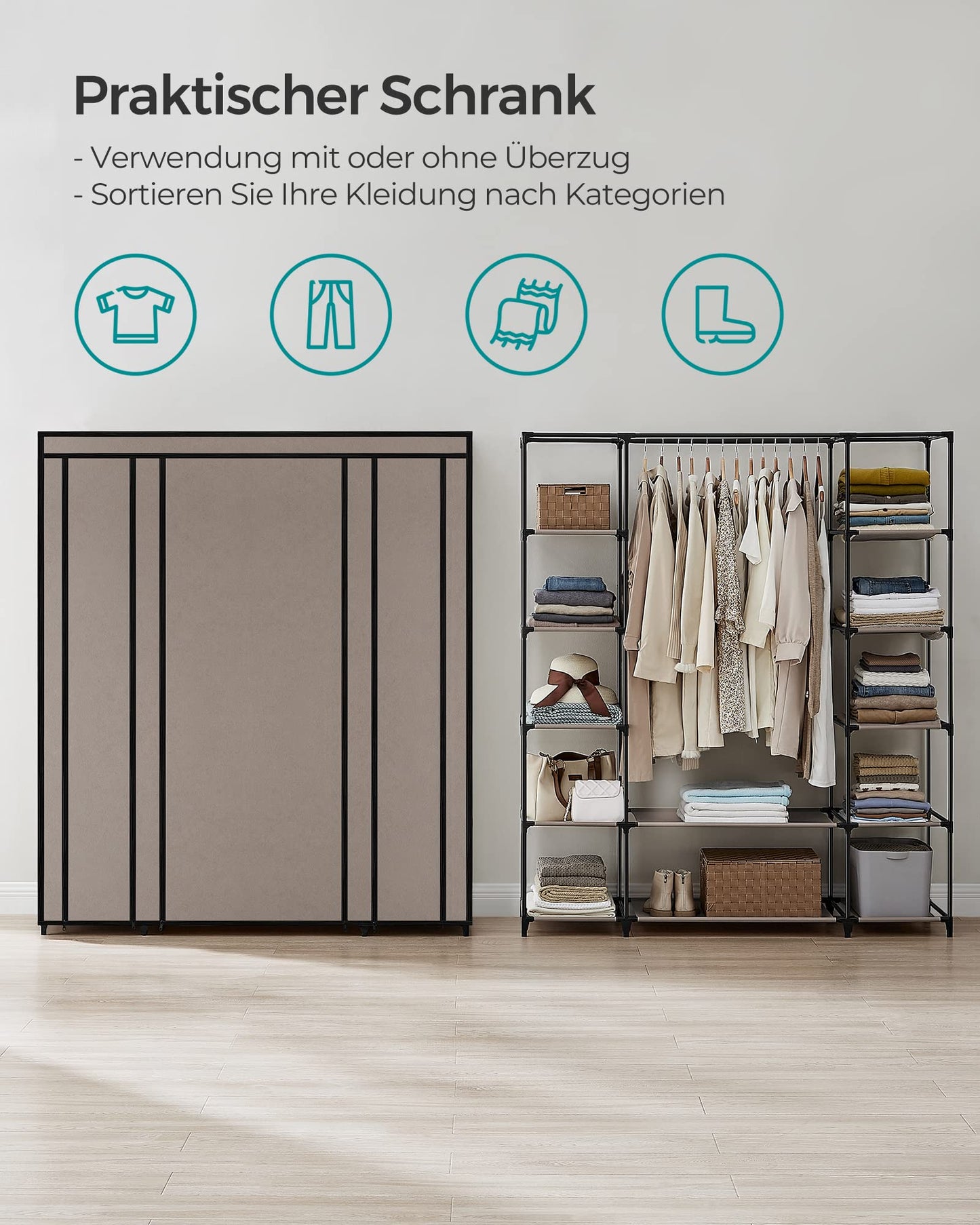 SONGMICS wardrobe, fabric wardrobe, with non-woven fabric cover, folding wardrobe with clothes rail, 45 x 150 x 175 cm, 12 shelves, metal frame, wardrobe for bedroom, taupe LSF003R02