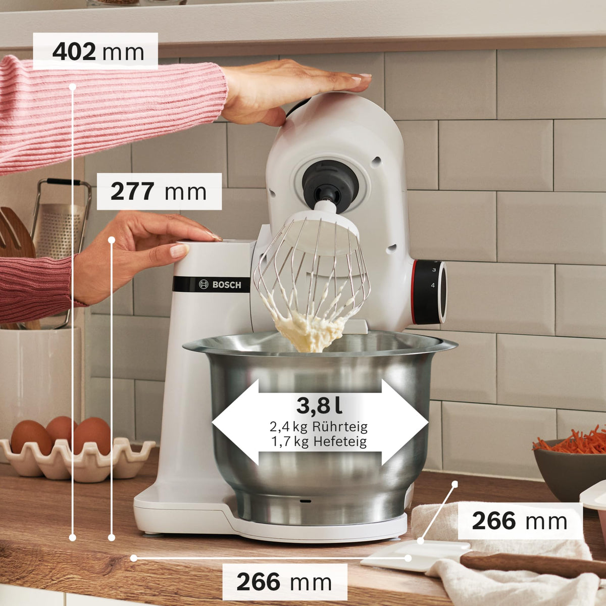 Bosch Kitchen Machine Series 2, small kitchen machine, stainless steel bowl 3.8 L, kneading hook, whisk, mixing beater dishwasher safe, 4 working speeds, 700W, white, MUMS2EW00
