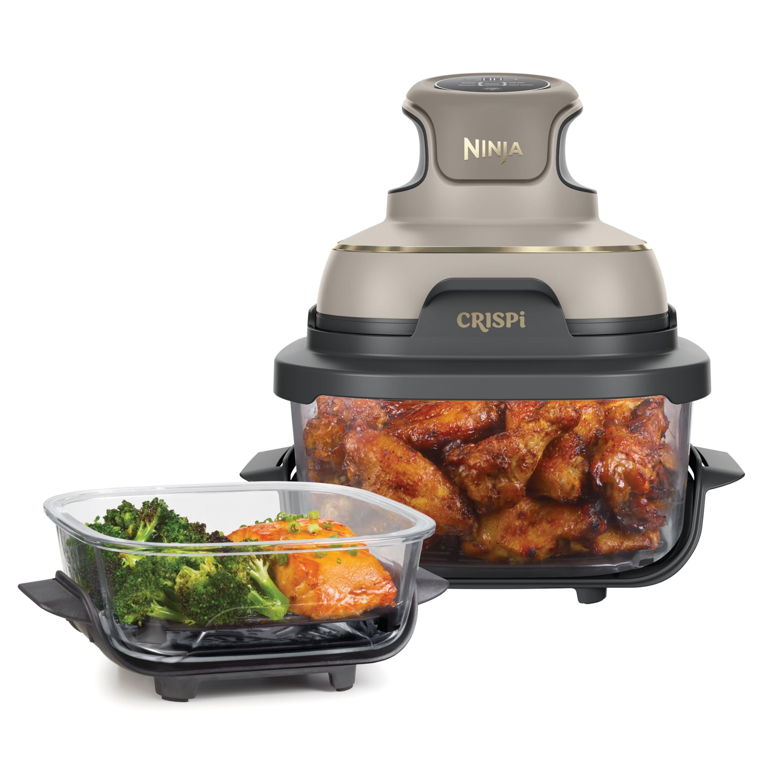 Friteuză cu aer portabilă Ninja CRISPi, 3.8L, 4-în-1: Friteuză cu aer, Coacere, Păstrare la cald, Reîncălzire/Crisp, 6 porții, 2 recipiente detașabile din sticlă și capace, 1700W, Auriu Stone FN101EUSTGD