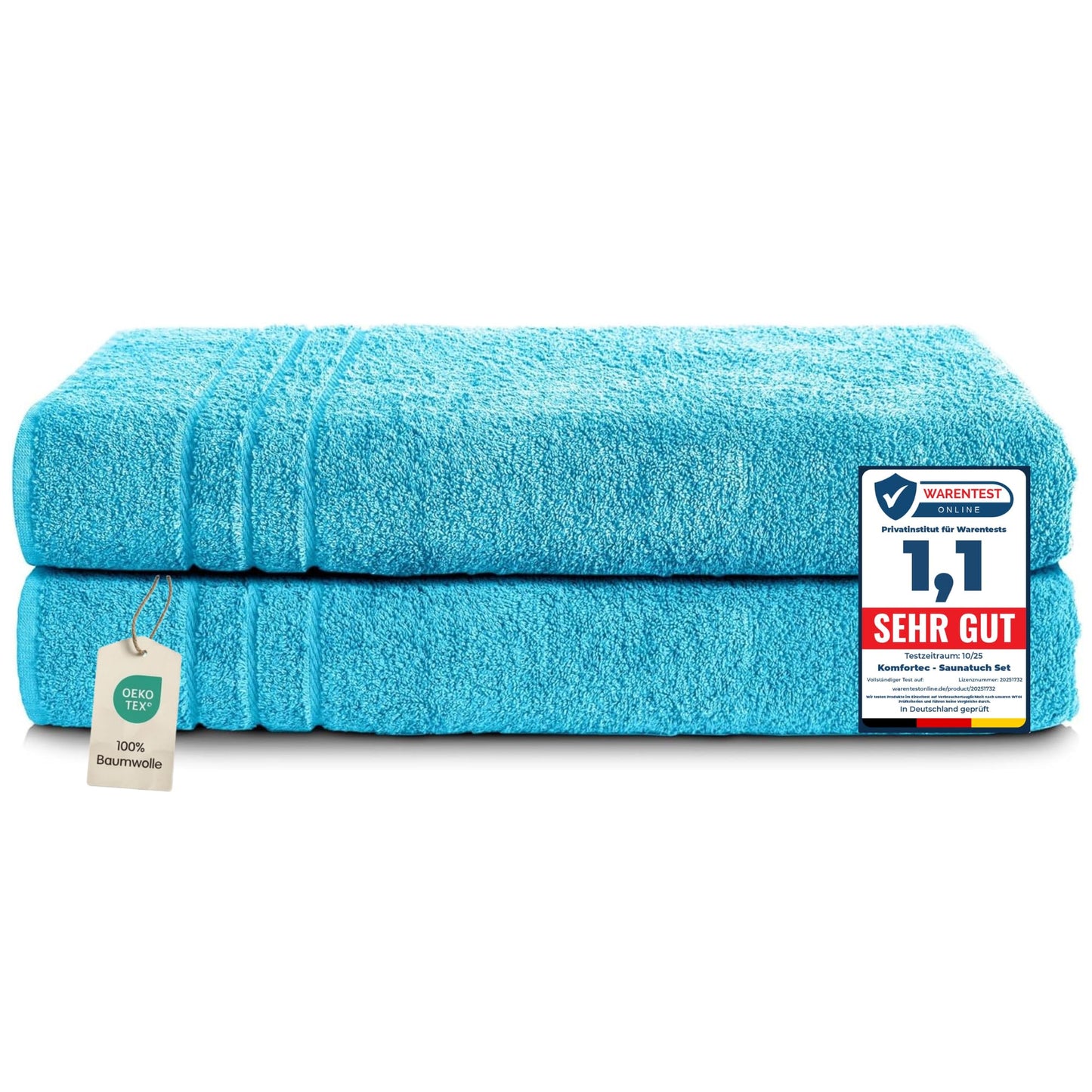 Komfortec 2 sauna towel set 80x200 cm, large sauna towels made of 100% cotton, sauna towels, fluffy and absorbent, quick-drying, turquoise - 2er-80x200-türkis
