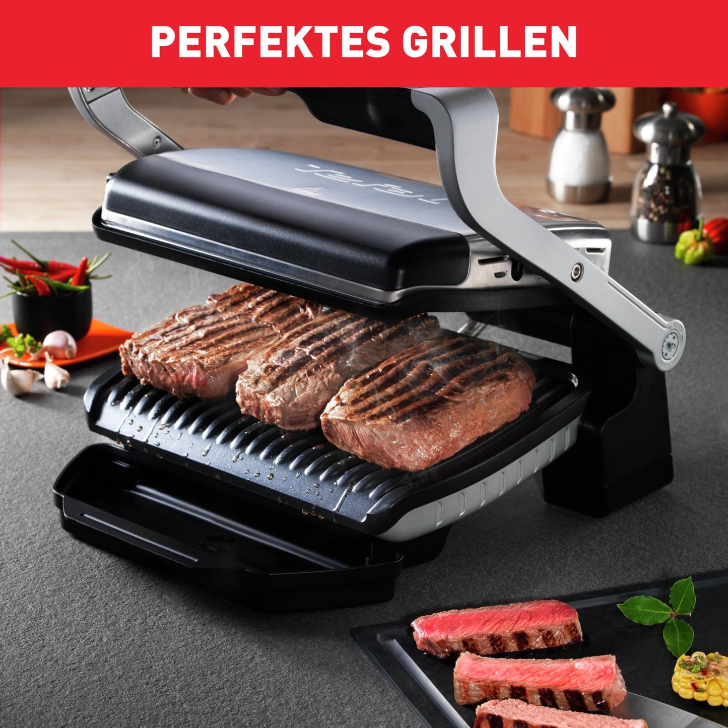 Tefal OptiGrill contact grill - electric grill with 6 automatic programs, cooking level display and automatic temperature adjustment, defrosting and manual mode, removable non-stick coated plates - GC705D
