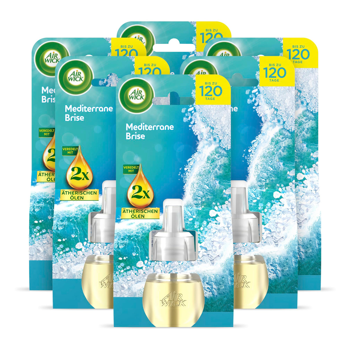Air Wick Duftstecker Nachfüller – Parfum: Briză Mediteraneană – Aromă citrică pentru cameră, destinată pentru priză – 6x 19ml flacoane de ulei parfumat de refill - 3308096