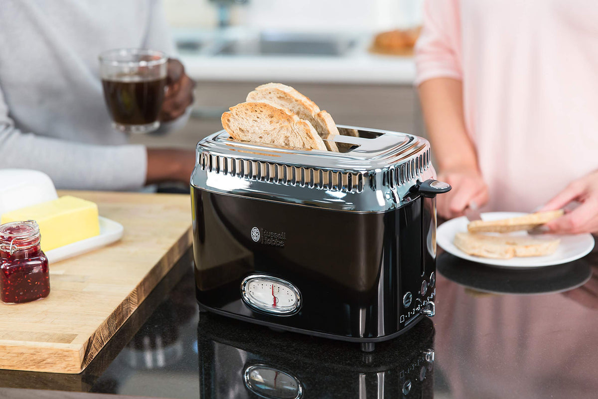 Russell Hobbs Toaster [for 2 slices] Retro Stainless Steel Black (Countdown display in retro design, includes bun warmer, 6 browning levels + defrost & reheat function, 1300W) Vintage 21681-56