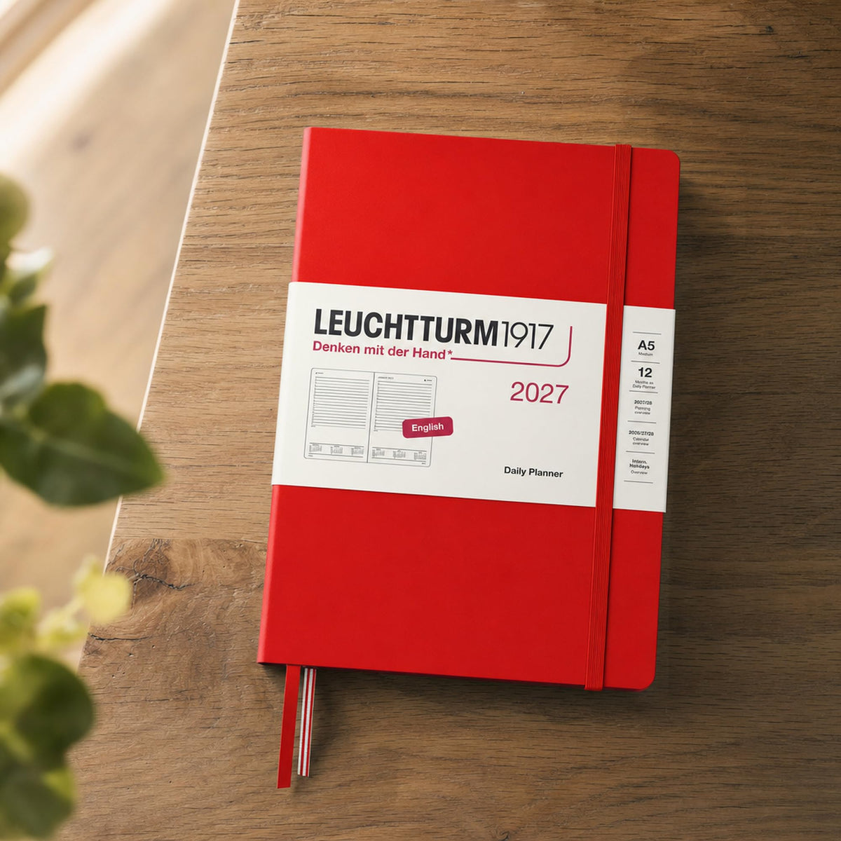 LEUCHTTURM1917 Daily Calendar 2027 Medium (A5) - English, Cherry, 145 x 210 mm, January-December (12 months), 1 page per day, hourly grid 7:00-22:00, hardcover, 80 g/m² paper - 400326