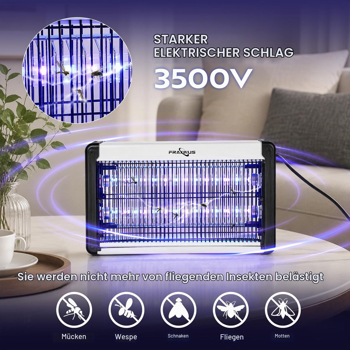 FRAXINUS Insecticid Electric, Capcană pentru muște pentru interior, Capcană pentru țânțari pentru interior, Lampă UV pentru țânțari, Lumină LED cu consum redus de energie, Perfectă împotriva muștelor, moliilor și țânțarilor. (Îmbunătățită cu cablu de