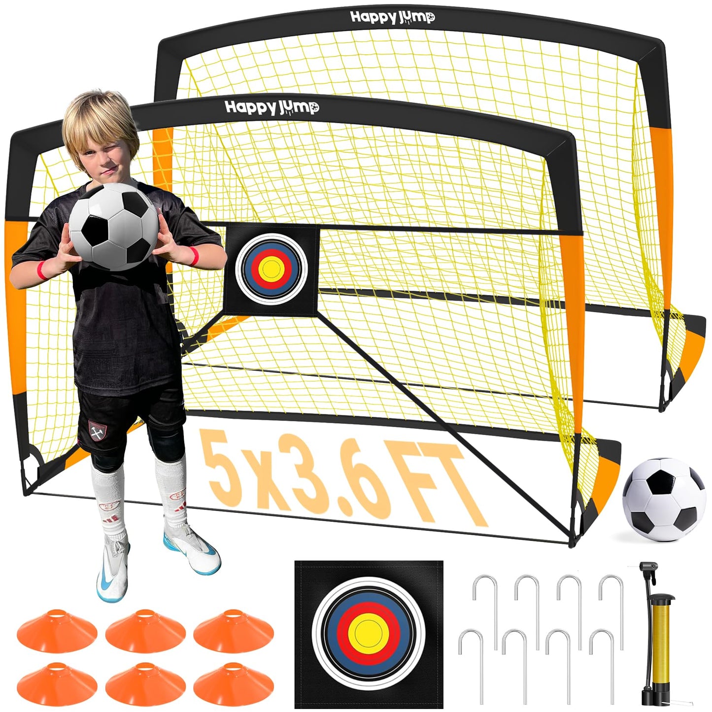 Happy Jump Pop-Up Football Goals - 152x110 cm, 2 goals, black orange with ball, pump, cone & target | Complete training set for garden & family - Z2500700BQ1