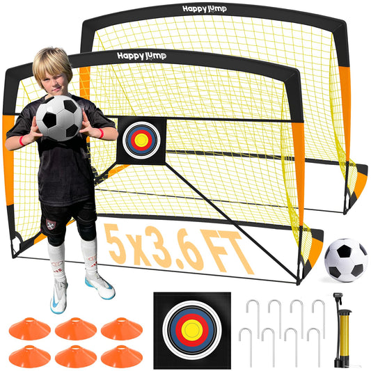 Happy Jump Pop-Up Football Goals - 152x110 cm, 2 goals, black orange with ball, pump, cone & target | Complete training set for garden & family - Z2500700BQ1