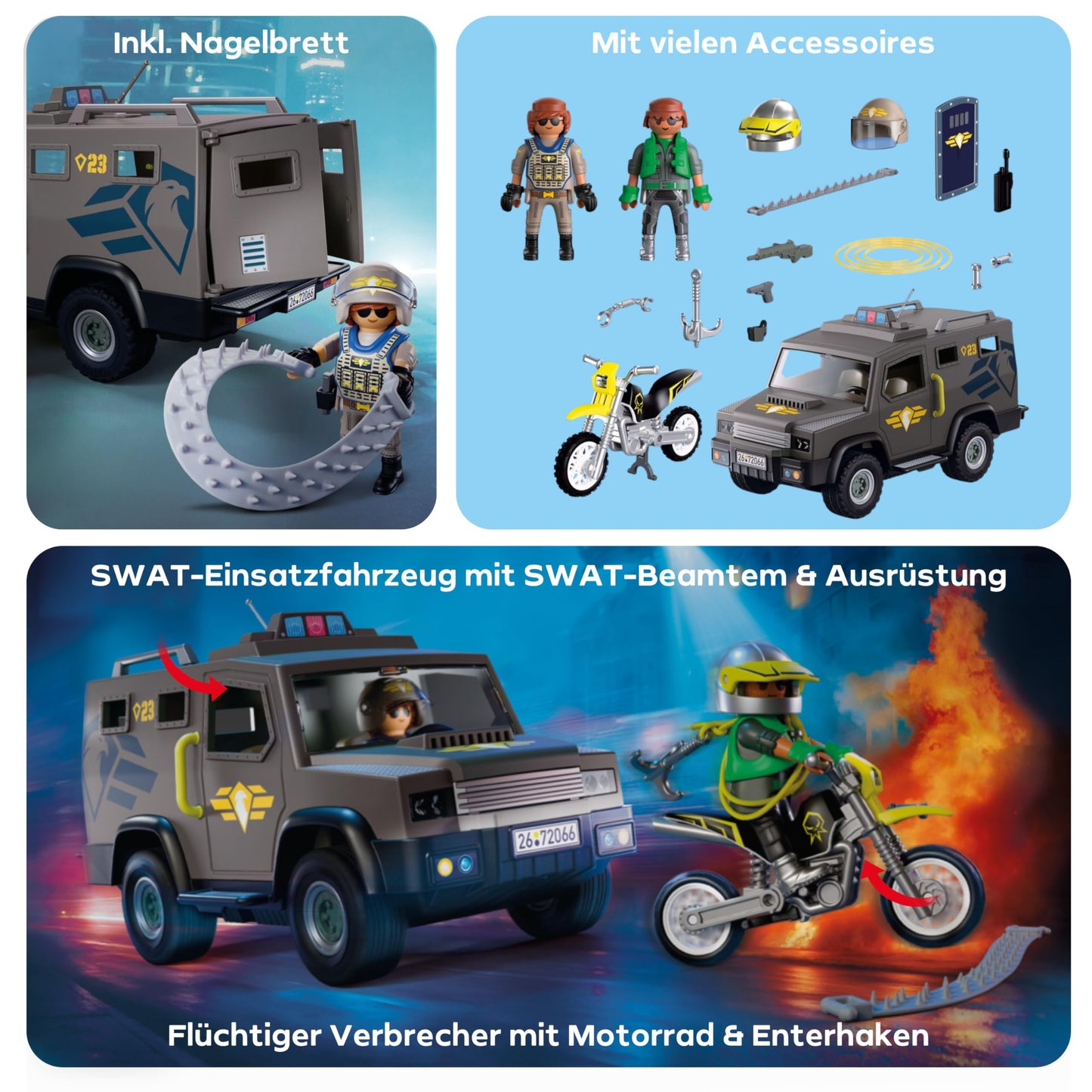PLAYMOBIL City Action SWAT vehicle | With police officer, criminal motorcycle and nail tape | Children's toys from 4 years | 72066