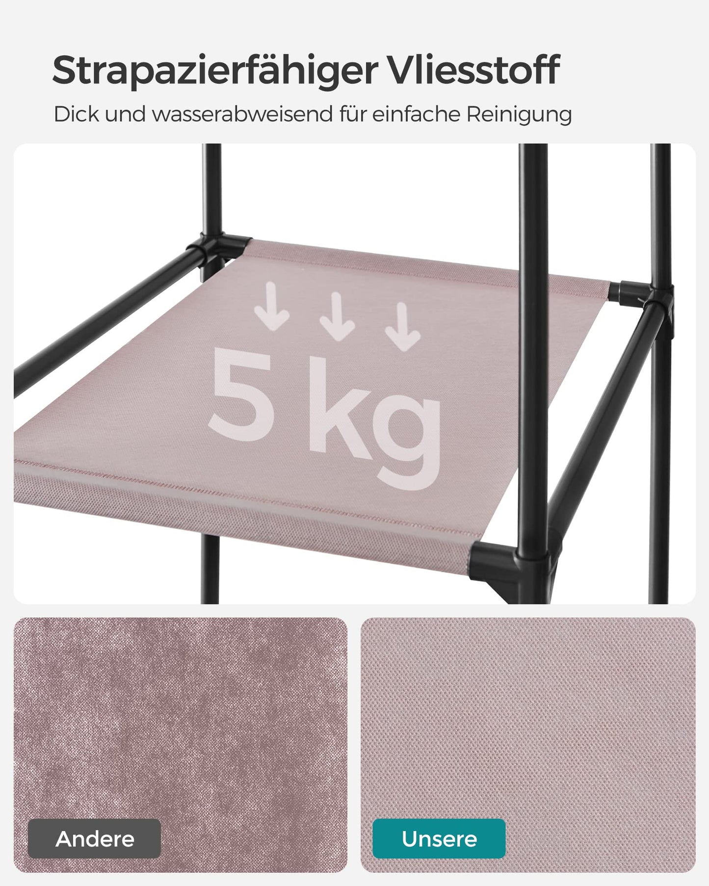 Songmics Fabric Wardrobe Portable Bedroom Clothes Rack with Fabric Cover 45 x 150 x 175 cm 12 Compartments Metal Structure Pink (Powder Pink) LSF003P02