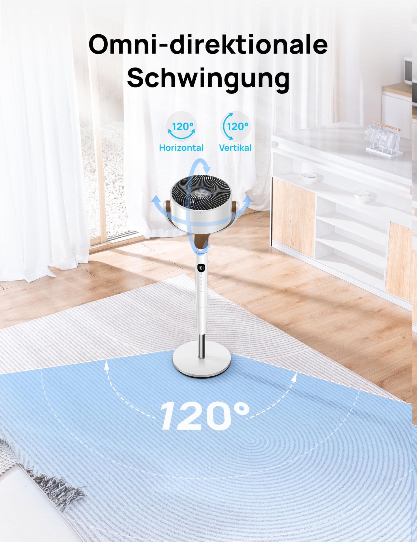DREO 23dB quiet pedestal fan, 120°+120° omni-directional oscillating fan, 27M wind distance, 1615 m³/h air volume Real turbo air circulator fans, 89-102cm height 3 modes 8-speed - DR-HPF002