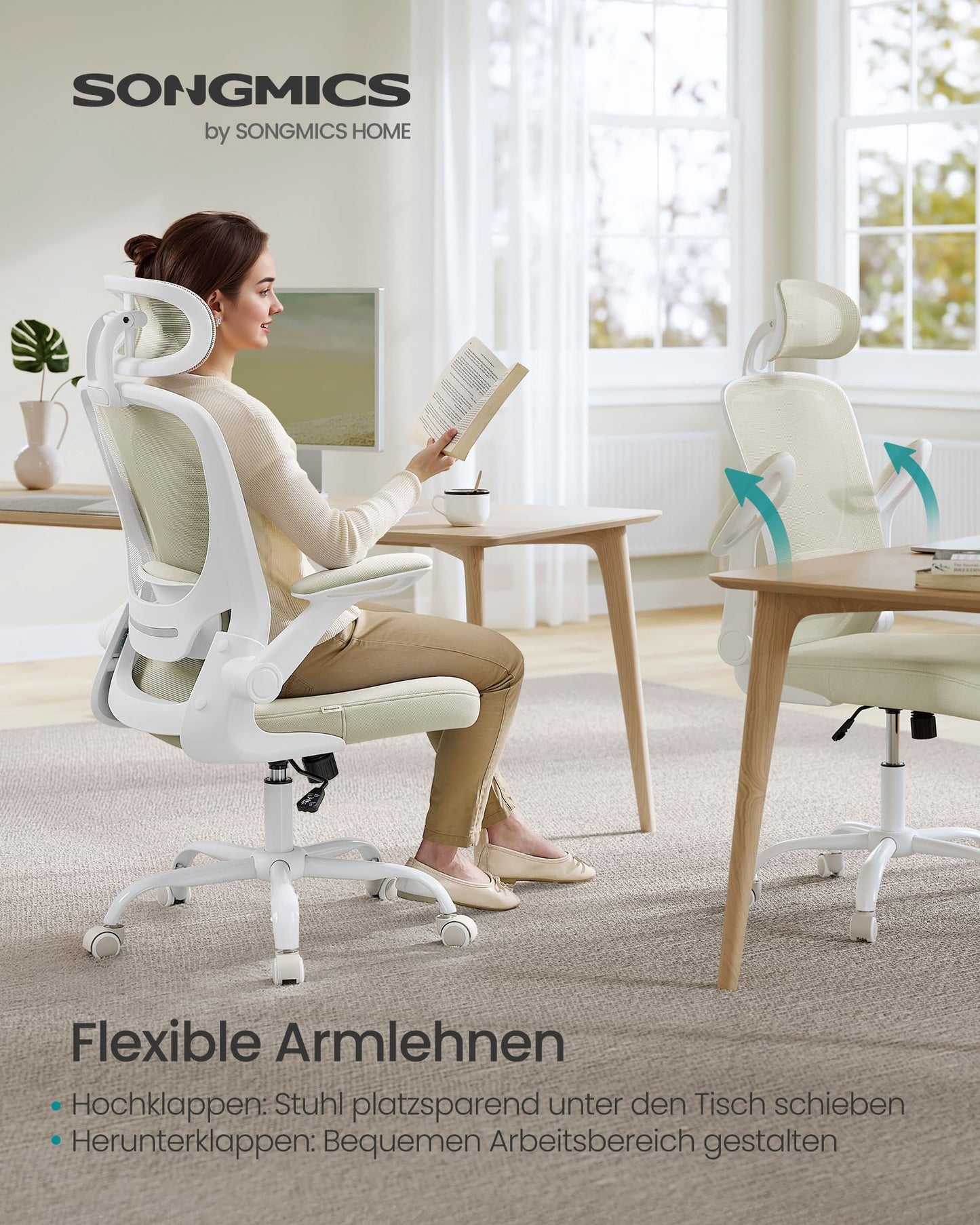 SONGMICS ergonomic office chair, swivel chair with mesh, lumbar and headrest, rocker function, 53 cm seat, folding armrests, study and bedroom, students, cappuccino beige OBN047K01