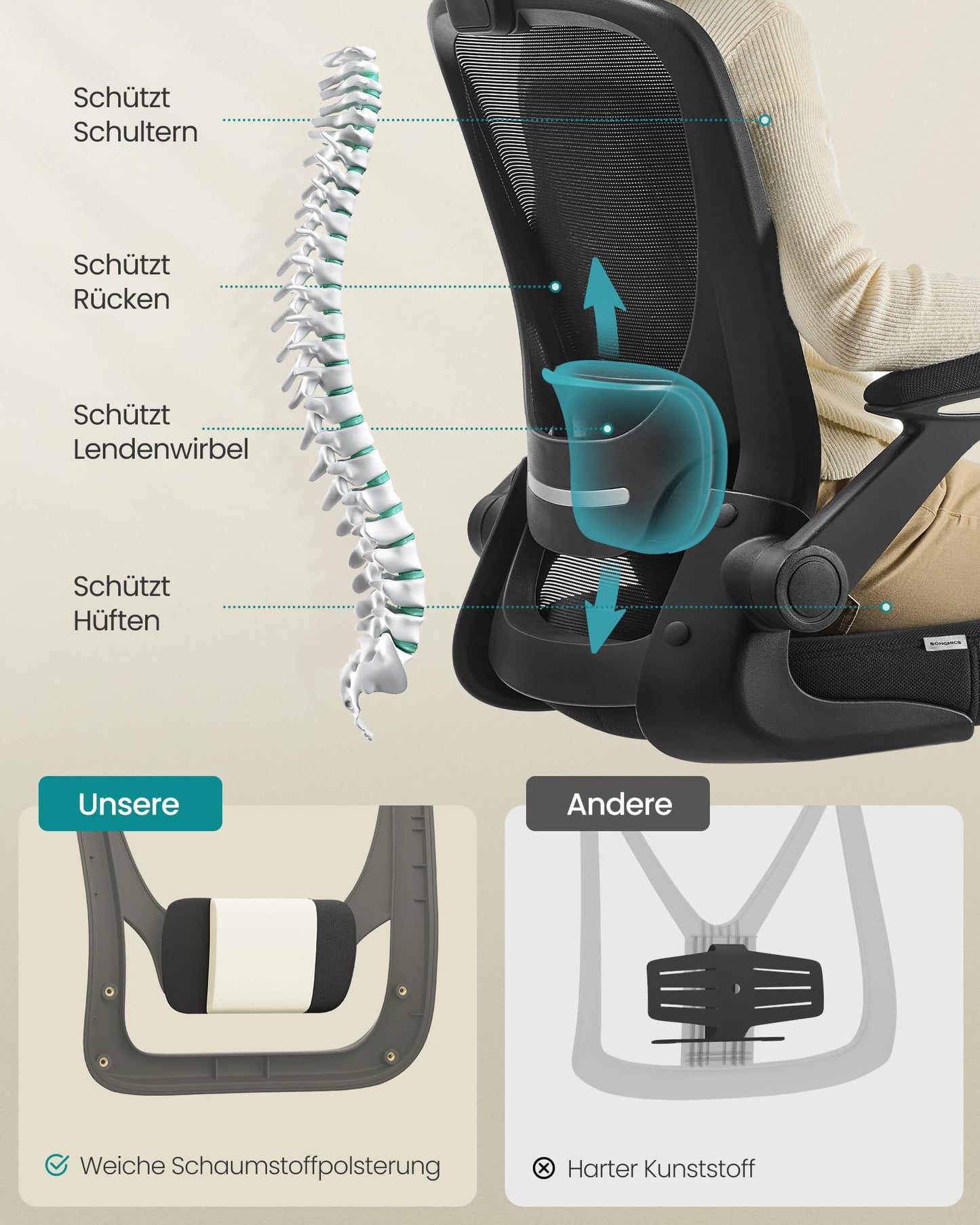 SONGMICS ergonomic office chair, swivel chair with mesh, lumbar and headrest, rocker function, 53 cm seat, folding armrests, study and bedroom, students, ink black OBN047B01