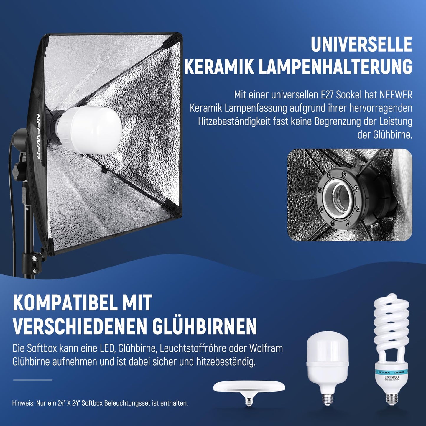 NEEWER RGB softbox lighting set with app control and 9 effect modes, 24W LED light bulb CRI93+ TLCI98+, E27 porcelain socket, 24" photo studio soft box, for studio photography video lighting, NK800 - 10104264
