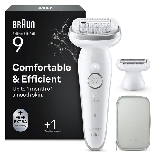 Braun Silk-épil 9, Epilator for women / Hair removal device for long-lasting hair removal, Ladyshaver, shaving attachment, trimming attachment, 9-041, White/Silver - 7500435225212