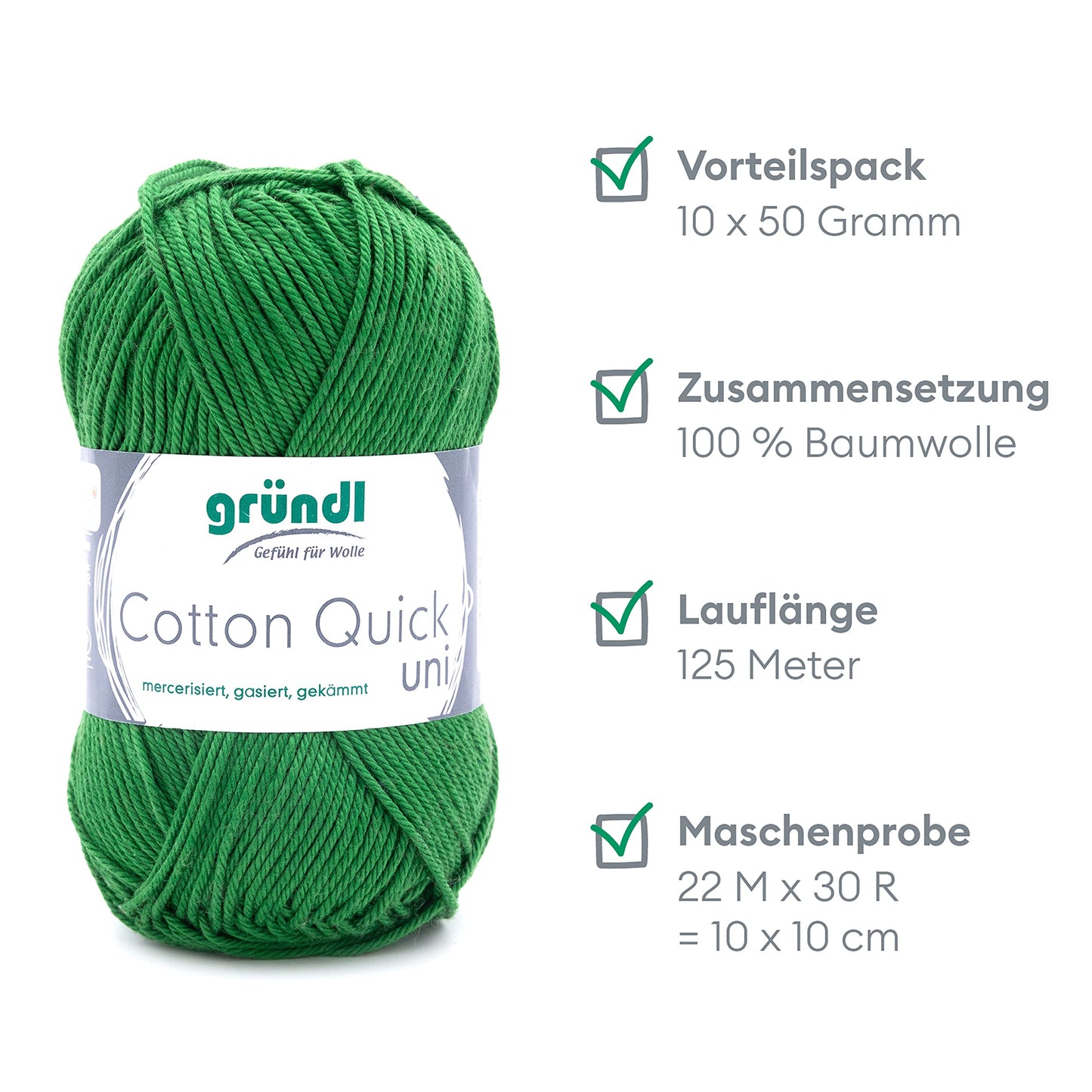 Gründl Wolle Cotton Quick uni - thin wool for crocheting - knitting yarn - crochet yarn - shiny and skin-friendly - 100% cotton - 10 balls 50 g / 125 m - needle size 3-4 - fern - 865-114
