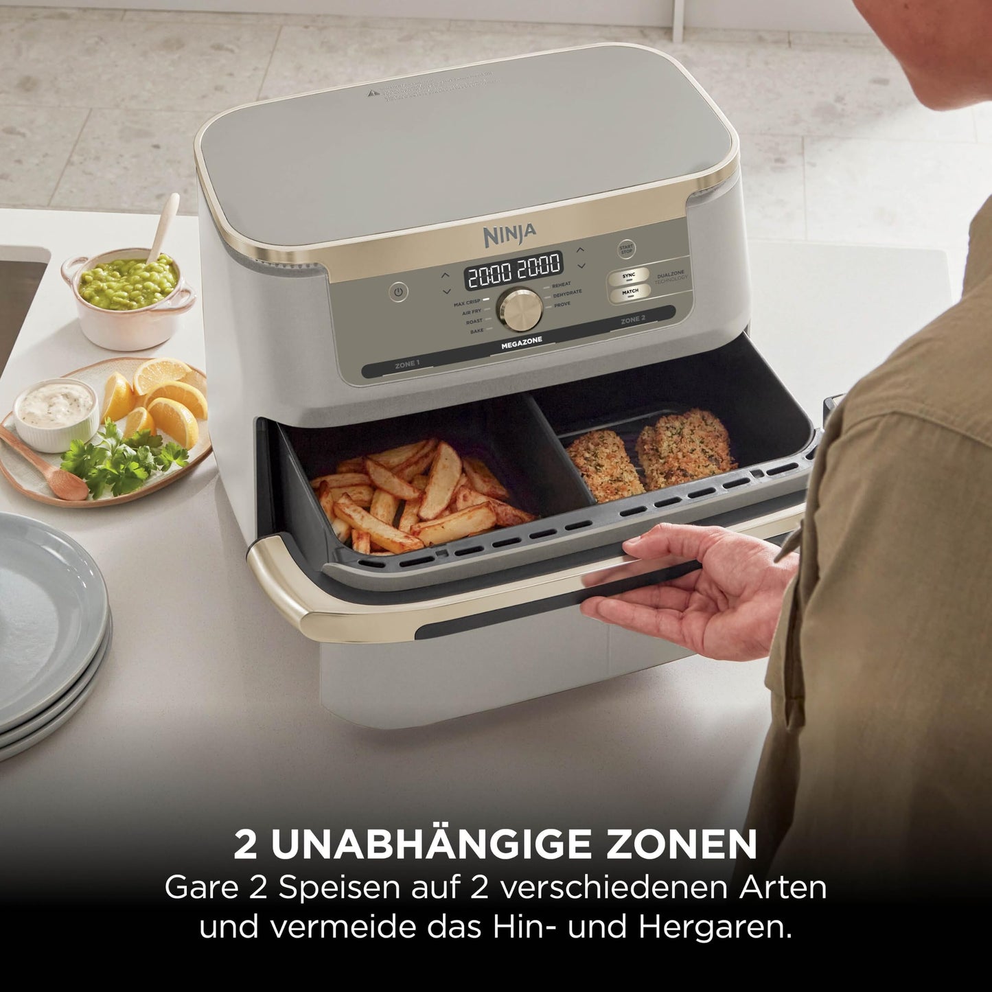 Ninja Foodi FlexDrawer Air Fryer, Dual Zone, Converts to MegaZone, 10.4L, Dual Zone, with Little to No Oil, Non-Stick, Dishwasher Safe Parts, Stone Gold AF500EUSD