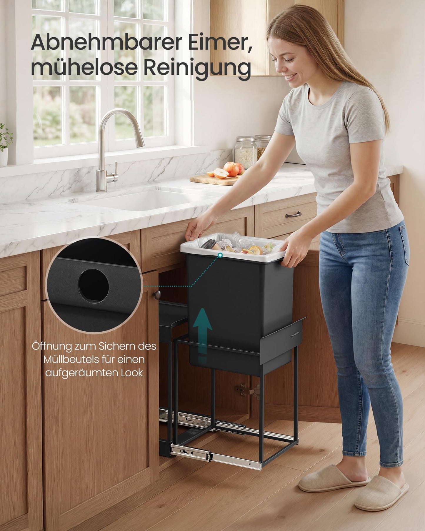 SONGMICS Kitchen Trash Can for Base Cabinet, 1 x 20 L, Extendable Trash Can, Steel Frame, ABS Lid, Ink Black LTB920BZ01