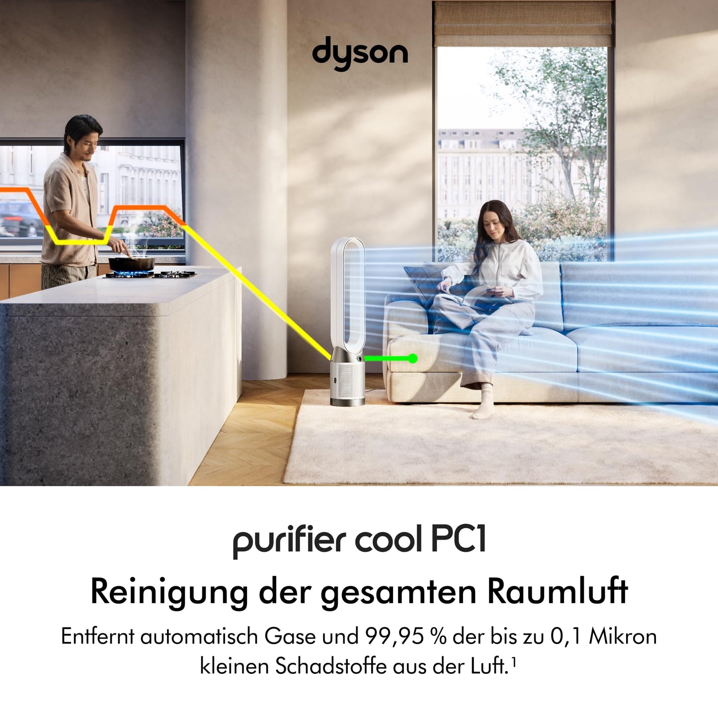 Dyson Purifier Cool™ PC1 tower fan air purifier with HEPA H13 filter - powerful cooling & air purification for rooms up to 23 sqm, control via app & remote control, 350° rotation (white) - TP11