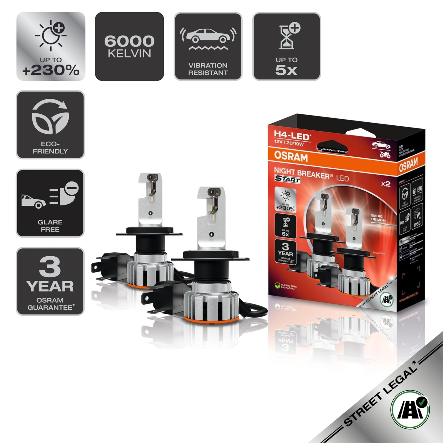 Osram NIGHT BREAKER LED START H4, LED high and low beam with street approval, up to 230% more brightness, 6000 K, 12 V - 64193DWNBST-2HB