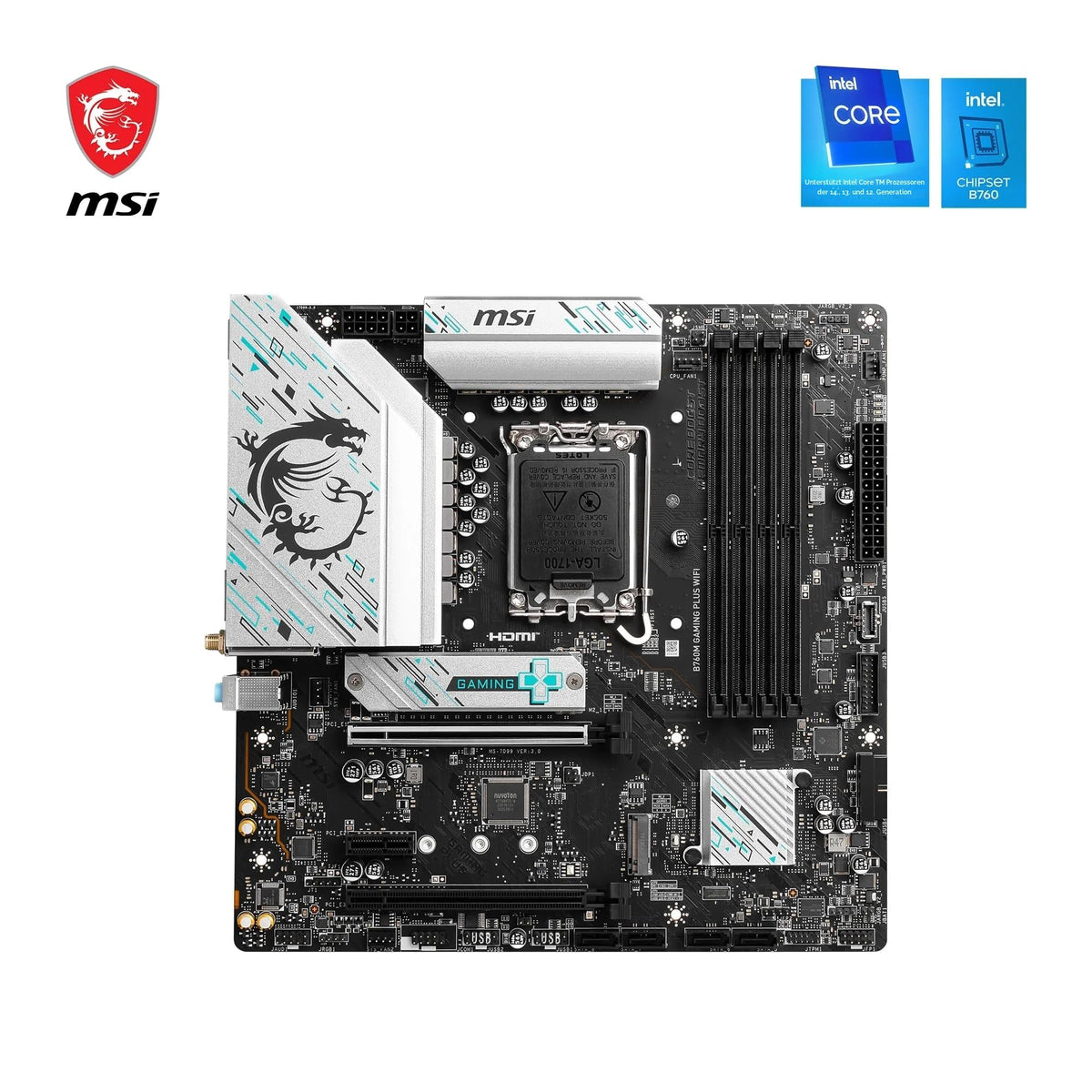 Placa de bază MSI B760M Gaming Plus WiFi, mATX - Suportă procesoare Intel Core din generațiile a 14-a, a 13-a și a 12-a, LGA 1700 - DDR5 6800+MHz/OC, 1x PCIe 4.0 x16, 2 x M.2 Gen4, LAN 2.5G, Wi-Fi 6E - 7D99-017R