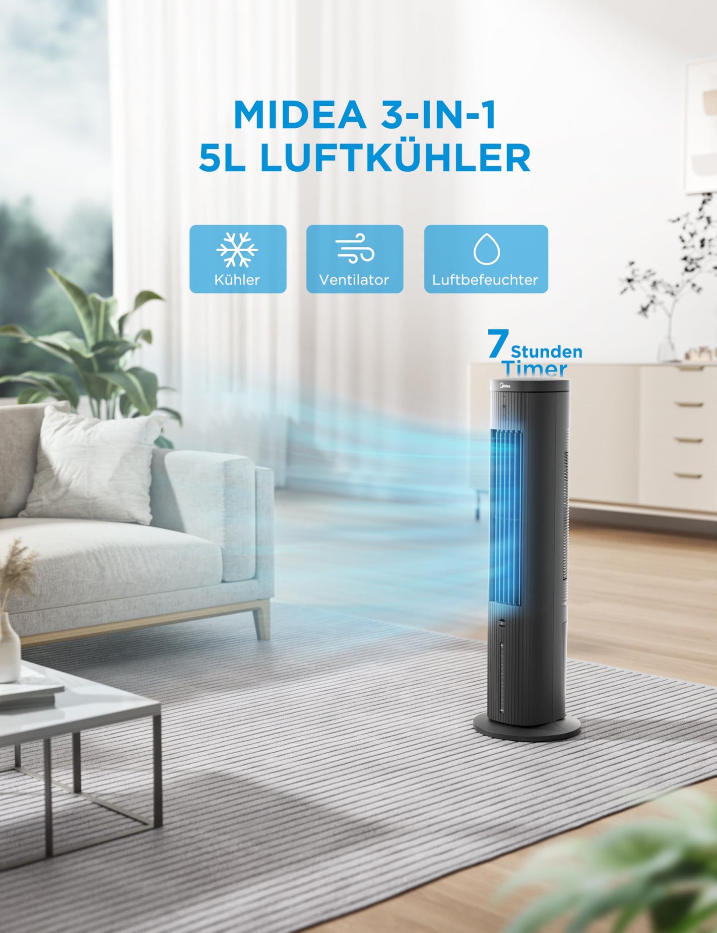 Midea tower fan with 5L water cooling | Air cooler mobile | Mobile air conditioning without exhaust hose | Evaporative cooler, 3 speed levels, 75° swivel function, 7h timer, quieter - MAC25JRB_1