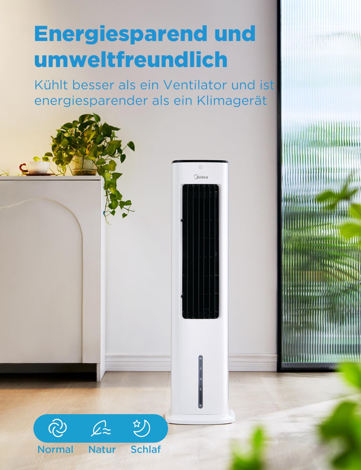 Midea Silent Air Cooler Pro 4-in-1 Mobile Air Conditioner Quieter: Air Cooler, Tower Blower, Humidifier and Air Purifier, with Remote Control, 5L Water Tank, 355m³/h Air Flow, 55W, LED Display, Timer, White - AC100-20ARB