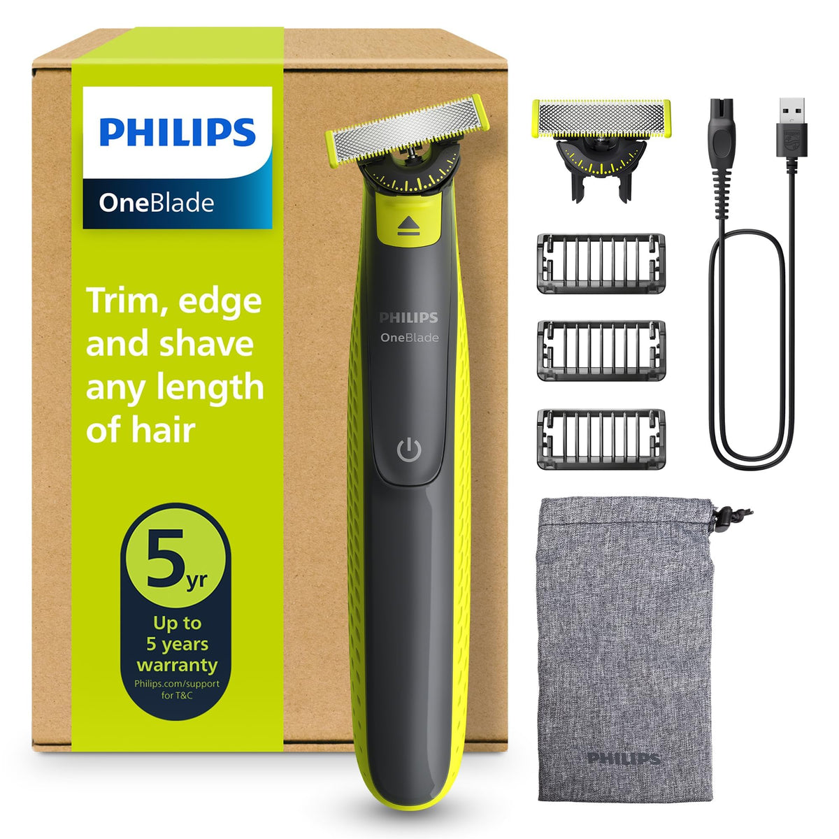 PHILIPS OneBlade 360 Face - aparat electric de ras și tuns, 2x lame 360, 3x capete de tuns (1/3/5mm), ras umed și uscat, acumulator-USB, pentru față (QP2724/31)