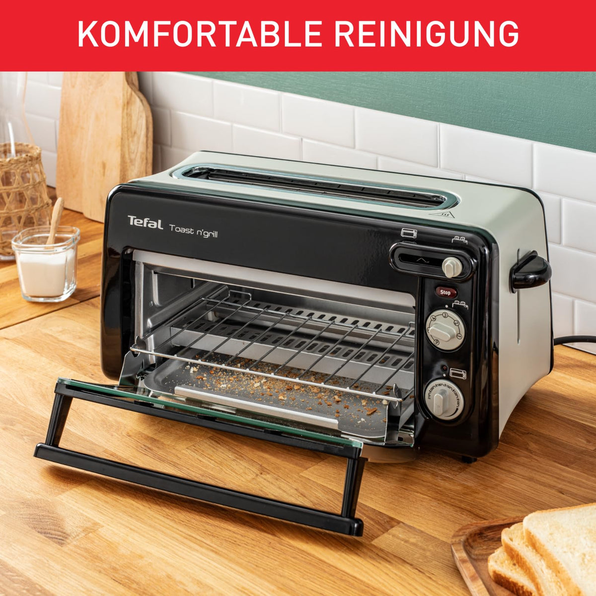 Tefal RETRO Toast n’ Grill – 2-in-1 Toaster and Mini Oven, 1300 W, energy-efficient mini oven for toasting, grilling & reheating, compact, Black/Matt Aluminum, TL6008 [Energy Class A++] - TL600830