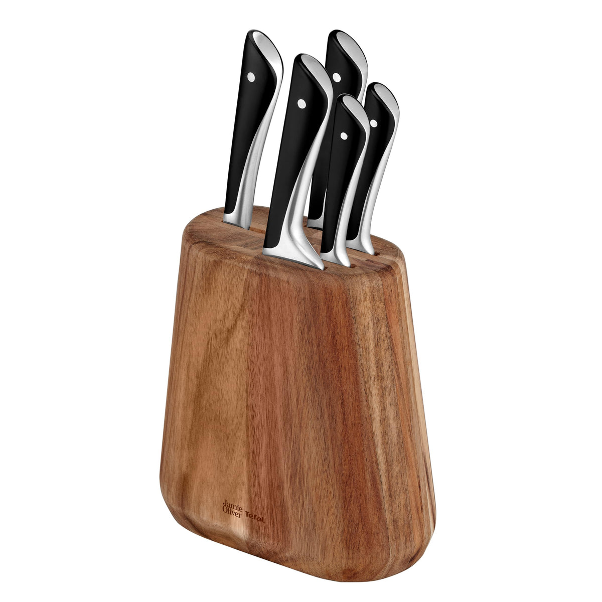 Jamie Oliver by Tefal 5-piece Kitchen Knife Set + Block, Chef/Santoku/Bread/Utility/Peeling Knife, ice-hardened, German stainless steel blades, acacia wood block, brown, K267S556