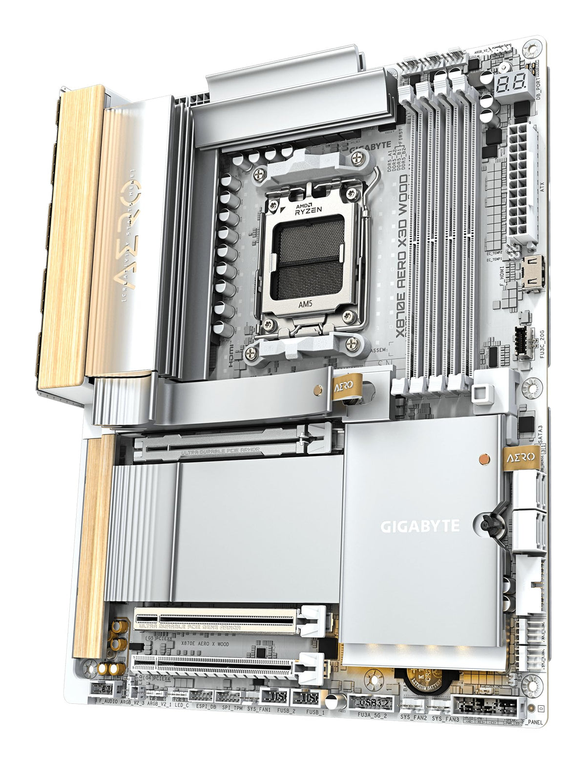 GIGABYTE X870E AERO X3D Wood Mainboard - Supports AMD Ryzen 9000 CPUs, digital 16+2+2 phase VRM, up to 9000Hz DDR5 (O.C.), 2xPCIe 5.0 + 2xPCIe 4.0, Wi-Fi 7, 5GbE LAN, USB 4