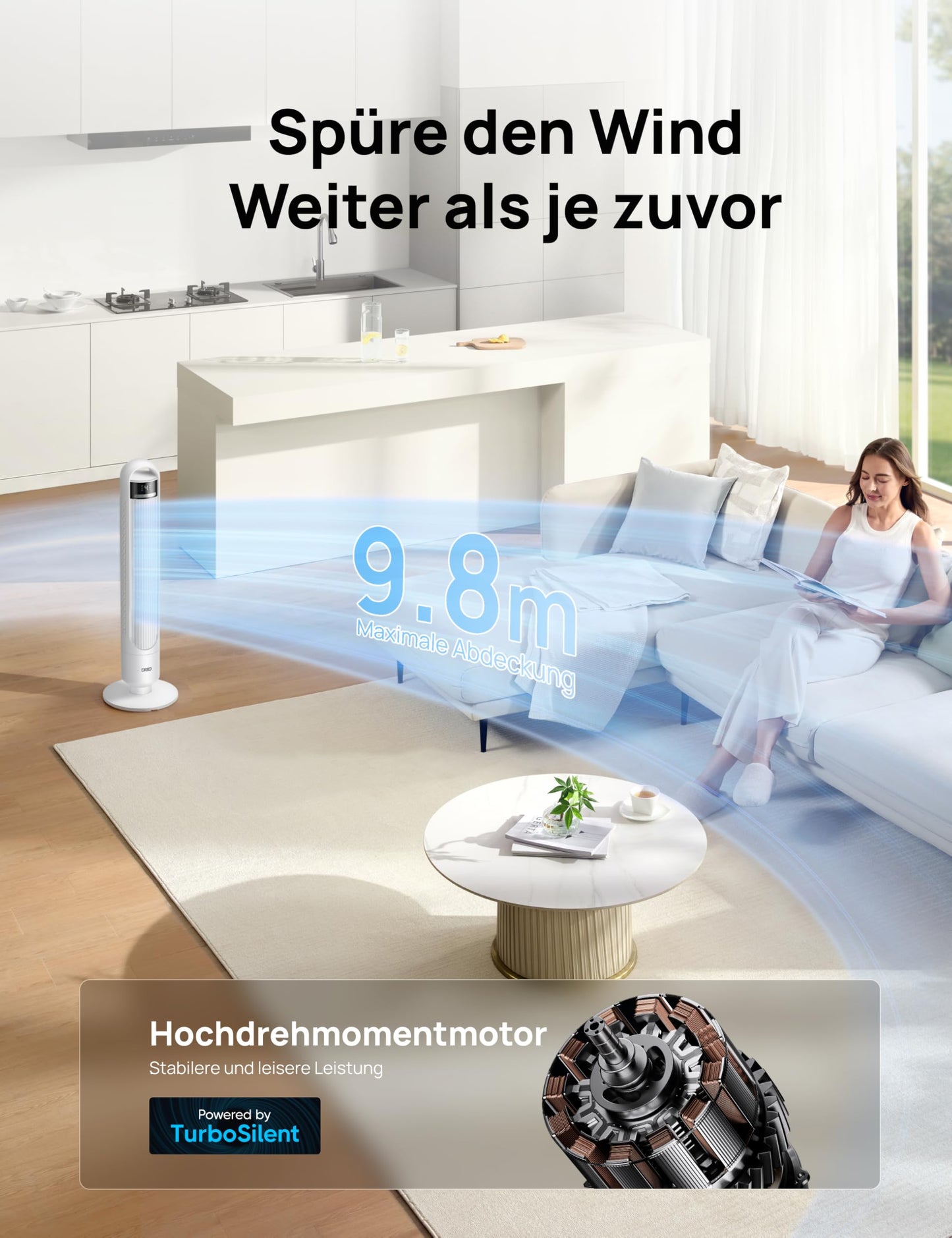 DREO Quiet Tower Fan, Fan with Cooling, Remote Control for Bedroom, Tower Fan with 4 Speeds, 3 Modes, 9.8m Wind Range, 8H Timer, 90° Oscillating for Living Room - DR-HTF017