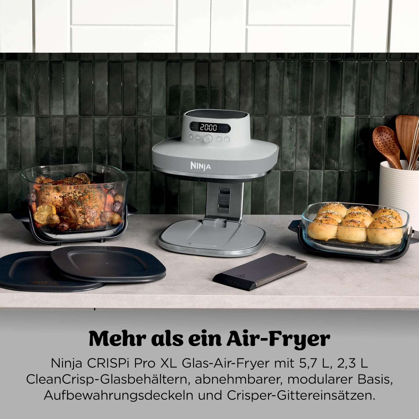 Ninja CRISPi PRO XL Glass Air Fryer, 5 Preset Cooking Functions, Includes CleanCrisp Glass Jars (5.7L and 2.3L) and Storage Lid, White AS090EUWH