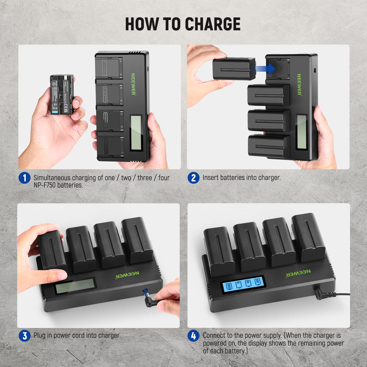 NEEWER 4-Pack NP F750 Replacement Batteries 7.4V 5600mAh with 4-Channel Charger and Power Supply, compatible with NP-F550/750/770/970 FM500H QM71D QM91D, Field Monitor, Video Light - 10101327